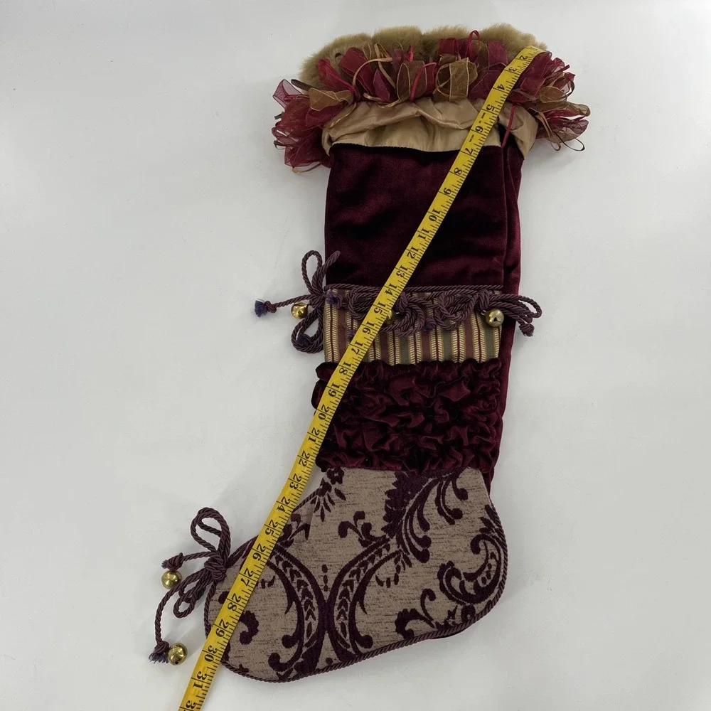Victorian Luxury Christmas Stocking Fabric Brocade Velvet Faux Fur Ribbons Bells